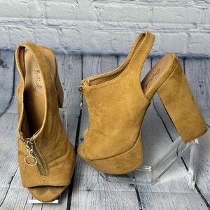 “Qupid” tan suede open toe sling back chunky platforms